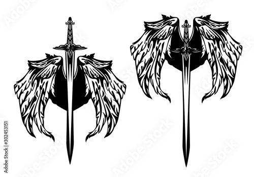 set of medieval sword blades pointing down with eagle wings spread - black and white vector design for glorious fighter consept