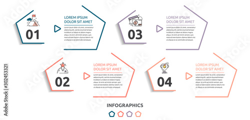 Vector flat infographic template. Line pentagon with text and icons for four diagrams, graph, flowchart, timeline, marketing, presentation. Business concept with 4 options