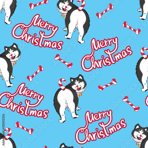 cute cartoon husky dog with funny candy cane tail, winter holiday, merry christmas seamless pattern on blue background, editable vector illustration for fabric, paper, textile, decoration