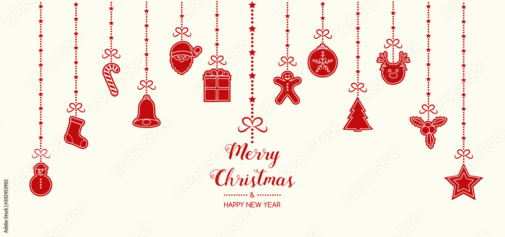 Naklejka premium Vintage Christmas card with hanging hand drawn elements. Vector.