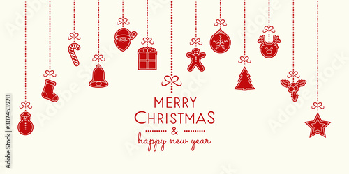 Christmas greeting card with hanging ornaments. Vector.