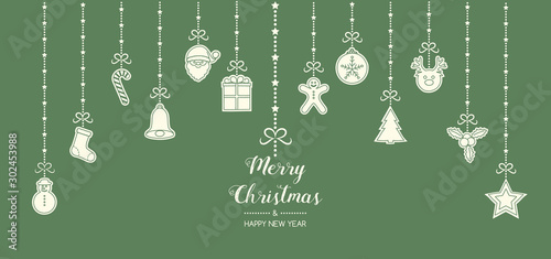 Christmas greetings with hanging decorations. Vector.