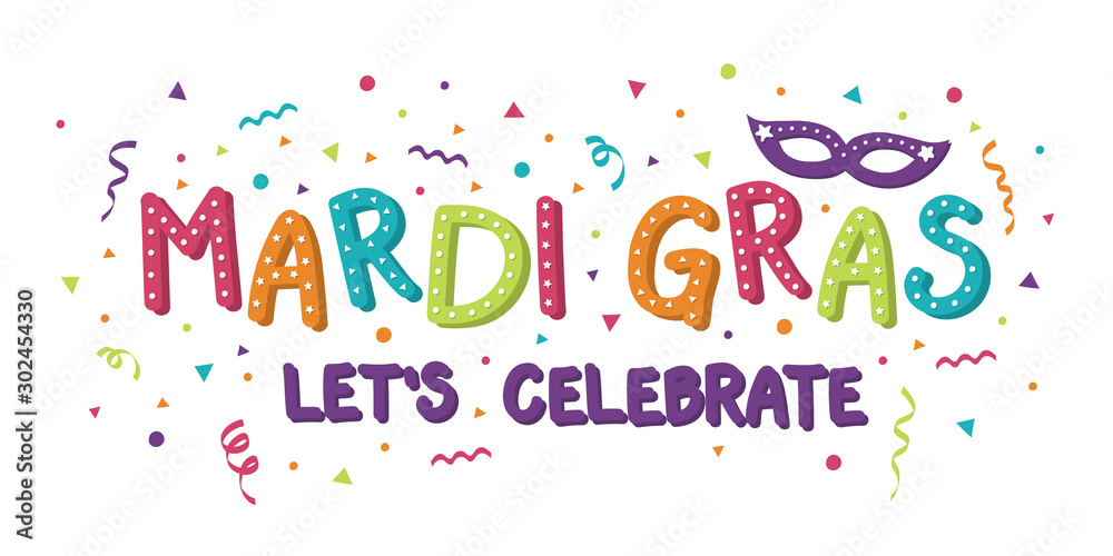 Mardi Gras Carnival greeting card with colorful mask and confetti. Vector