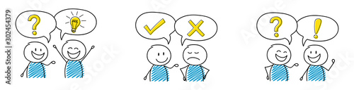 Set of cartoon stickmen with speech bubbles with business icons. Vector