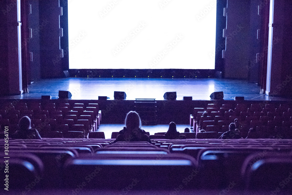 The audience in the cinema watching a film. White screen for your image.