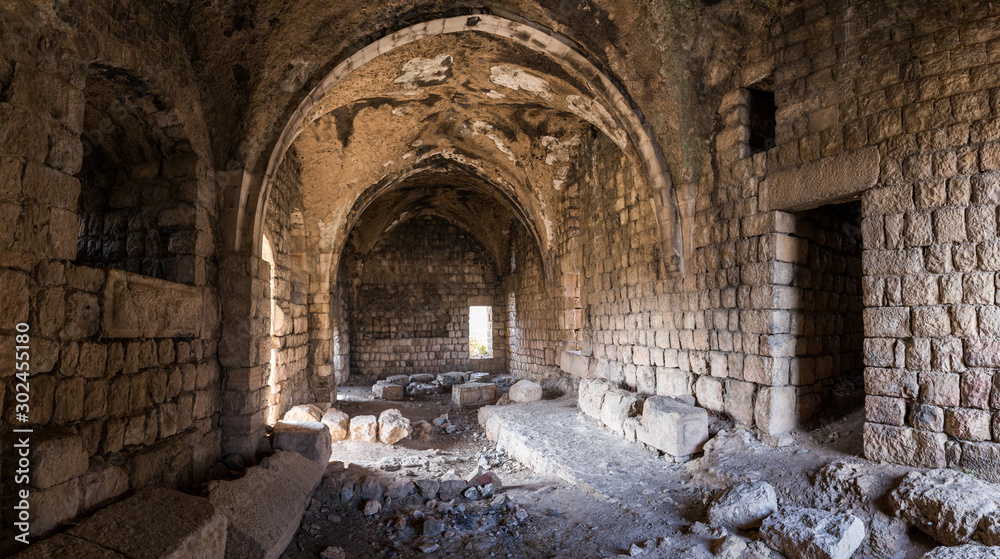 The ruins  of main hall of crusader Fortress Chateau Neuf - Metsudat Hunin is located at the entrance to the Israeli Margaliot village in the Upper Galilee in northern Israel