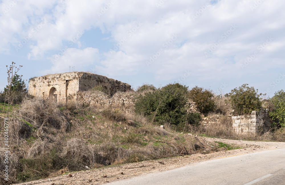 Fototapeta premium The ruins of crusader Fortress Chateau Neuf - Metsudat Hunin is located at the entrance to the Israeli Margaliot village in the Upper Galilee in northern Israel