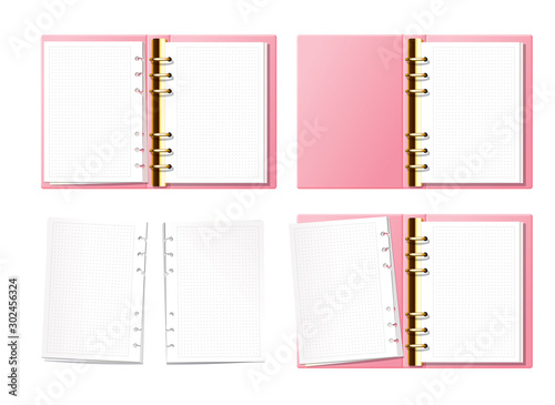 Pink open notebook mock up, bullet journal, planner, diary with gold furniture top view. Paper with dot texture. Opened ring book with clear blank pages. Torn pages set.