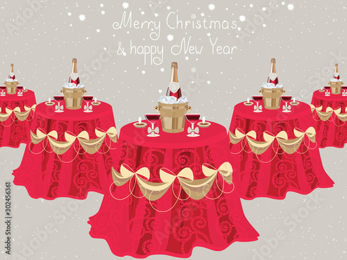 Christmas invitation, table with champagne, restaurant hall, celebrate card, vector design. Party illustration.