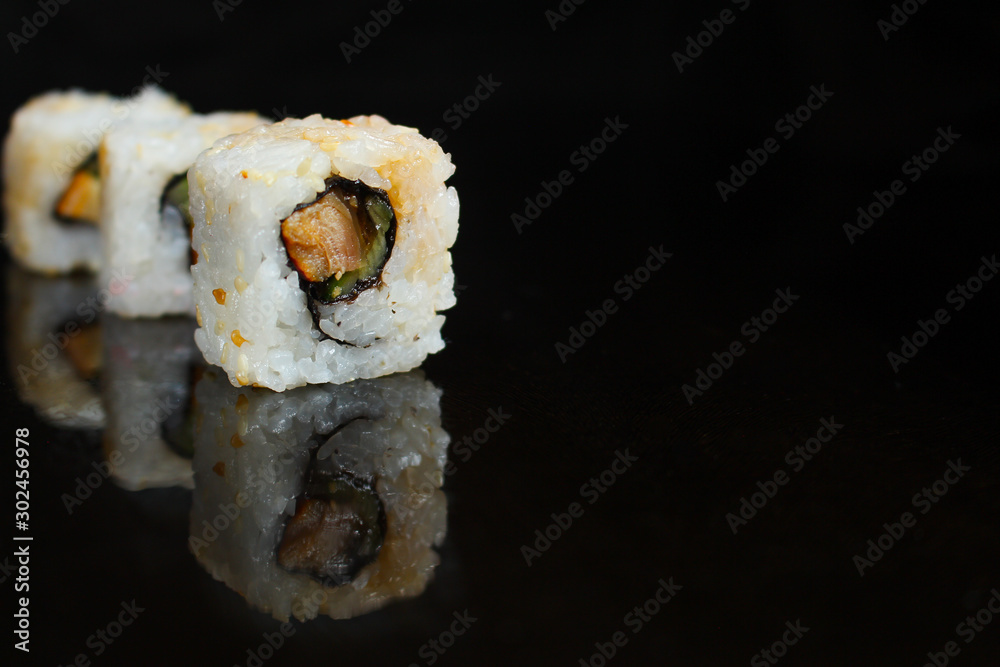 sushi rolls, traditional Japanese food (rice, nori and seafood) menu concept. food background. copy space. Top view sushi rolls, traditional Japanese food (rice, nori and seafood) menu concept. food background. copy space. Top view