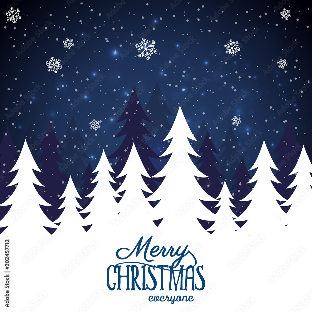 Fototapeta premium Winter forest background. Merry christmas lettering.