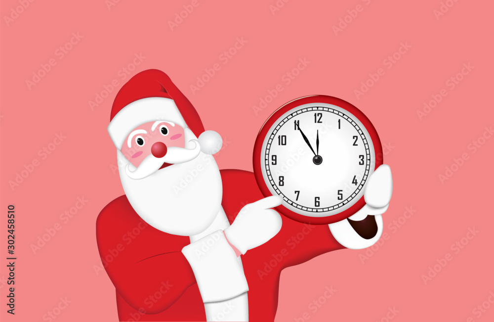 Santa Claus holding clock in hands showing five minutes to midnight. Vector illustration.
