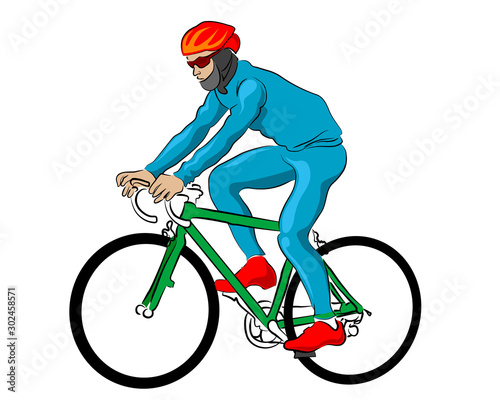 Young man in sportswear rides a bicycle on a white background