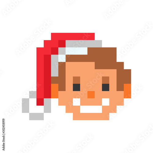 Happy smiling Santa Claus  son  in a red Christmas hat  pixel art character isolated on white. 8 bit winter holiday boy logo. Vintage retro 80s-90s slot machine video game graphics. User avatar icon.
