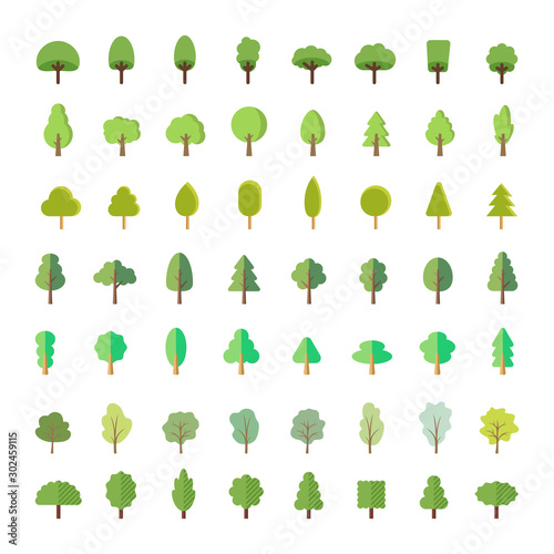 Flat trees in a flat design. Natural product store  garden  nature cosmetics  ecology company. Different trees collection.