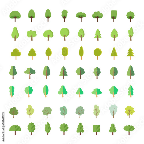 Flat trees in a flat design. Natural product store, garden, nature cosmetics, ecology company. Different trees collection.