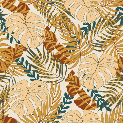 Original tropical seamless background with bright orange plants and leaves on white background. Vector design. Jungle print. Floral background. Jungle leaf seamless vector floral pattern background