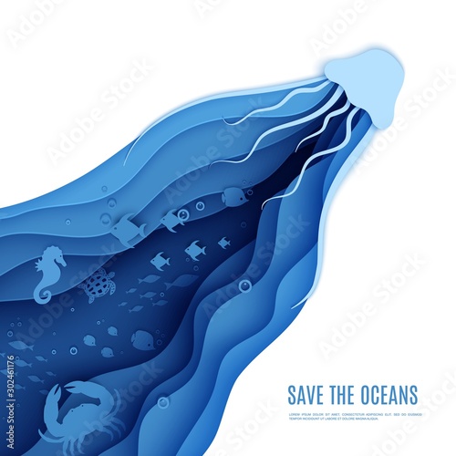 Paper cut butterflyfish, jellyfish, moonfish, turtle, hippocampus, crab, octopus. Paper craft square background under ocean cave with fishes coral reef seabed in algae waves. Vector sea marine life