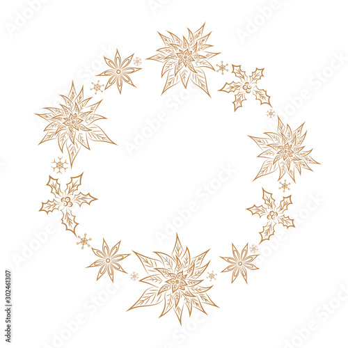 Christmas wreath from poinsettia, holly, anise star. Isolated objects on a white background. Golden images for your decor and design. New Year. Celebration. Snowflakes. Vector.