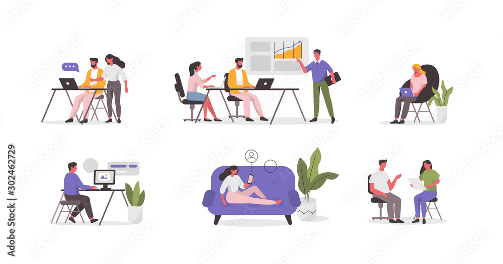 Business People Characters in Coworking Place. Businessman and Businesswoman Working, Discussing and Meeting in Open Space Office. Coworkers and Freelancers Team. Flat Cartoon Vector Illustration.