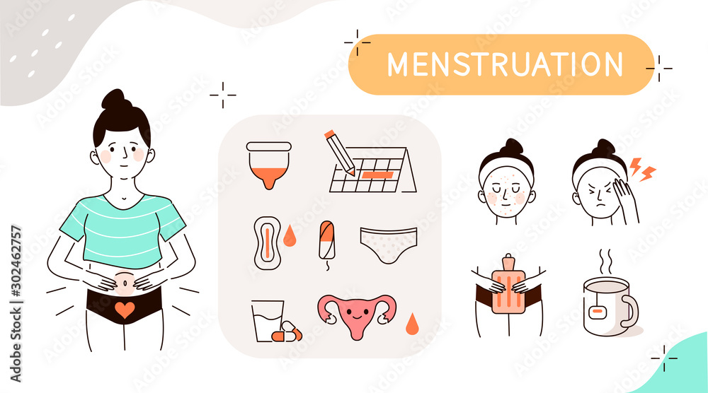Woman Menstruation Cycle Elements Collection. Gynecological hygiene  Products. Pad, Menstrual cup, Tampons. Feminine Hygiene for Period. Hand  Drawn Cartoon Vector Illustration and Icons Set. Stock Vector | Adobe Stock