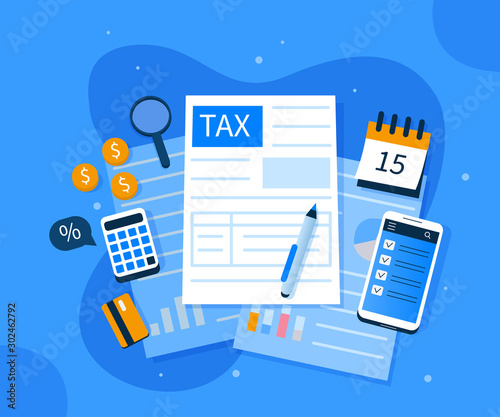 Office Desk with Documents for Tax Calculation. Finance Report with Graph Charts. Calendar show Tax Payment Date. Accounting and Financial Management Concept. Flat Cartoon Vector Illustration.