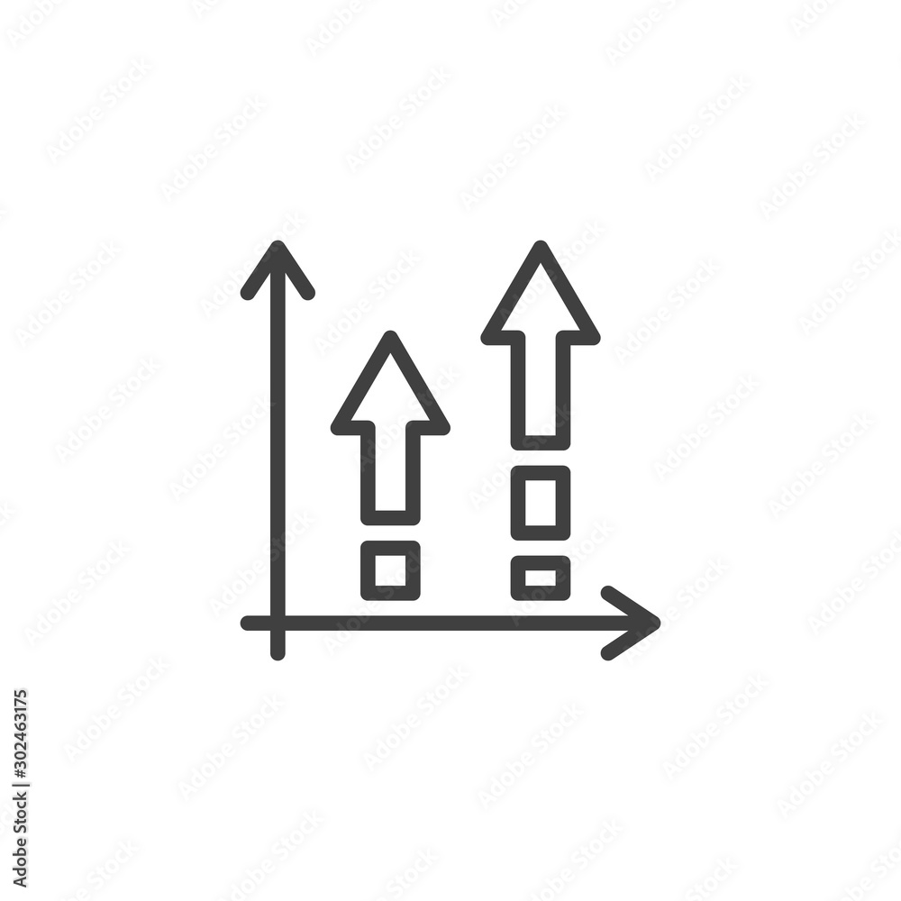 Growing bars arrows line icon. linear style sign for mobile concept and web design. Financial graph outline vector icon. Symbol, logo illustration. Statistic diagram vector graphics Growing bars arrows line icon. linear style sign for mobile concept and web design. Financial graph outline vector icon. Symbol, logo illustration. Statistic diagram vector graphics
