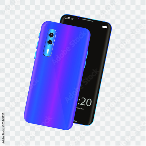 realistic popular smartphone back and front view, bright blue color photo