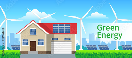 eco friendly alternative green energy concept. house solar panels wind turbines urban landscape