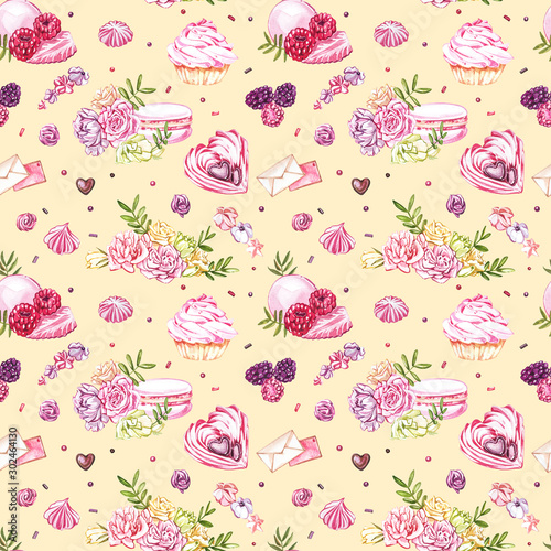 Watercolor image of a seamless pattern of sweets, candies in the shape of hearts, chocolates, cakes and envelope, Valentine's Day. Perfect for cards, prints, invitations, birthday cards.
