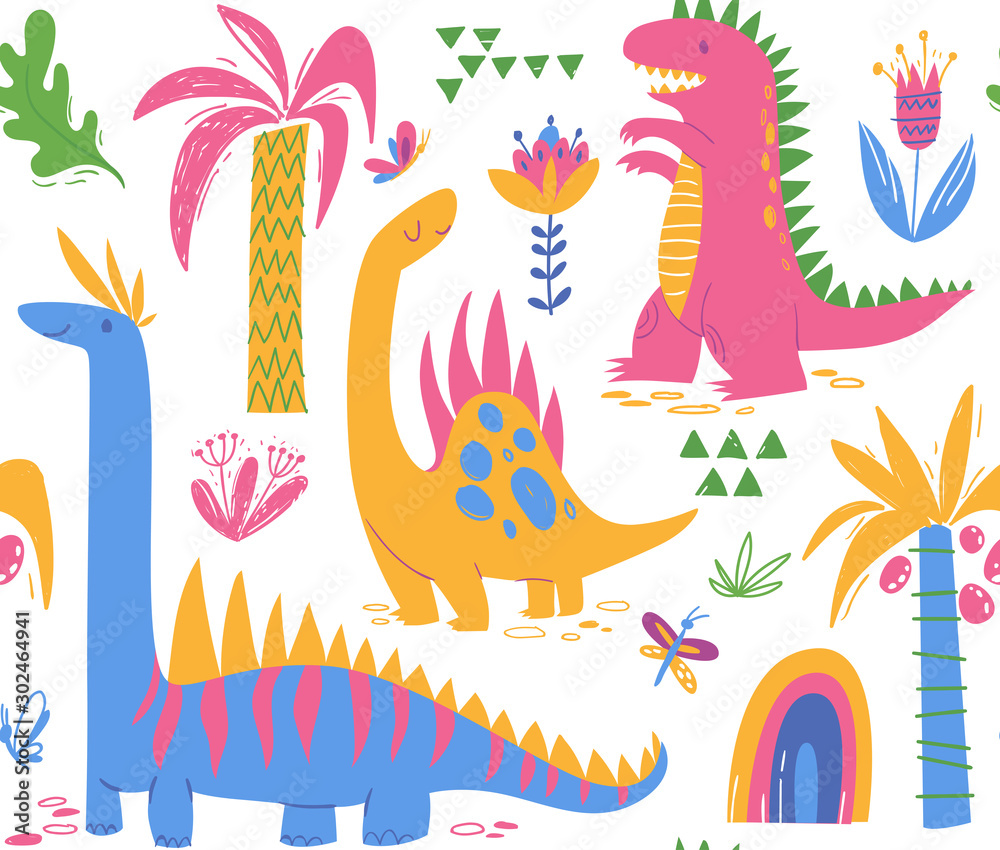 Seamless pattern with cute dinosaur characters for textile