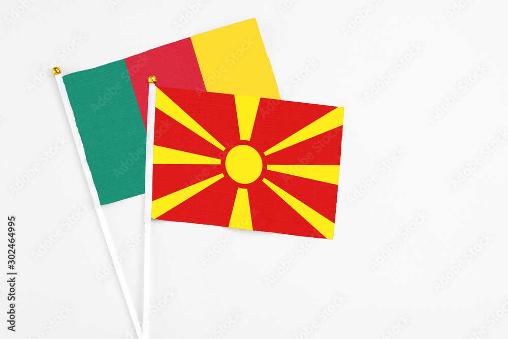 Macedonia and Cameroon stick flags on white background. High quality fabric, miniature national flag. Peaceful global concept.White floor for copy space.