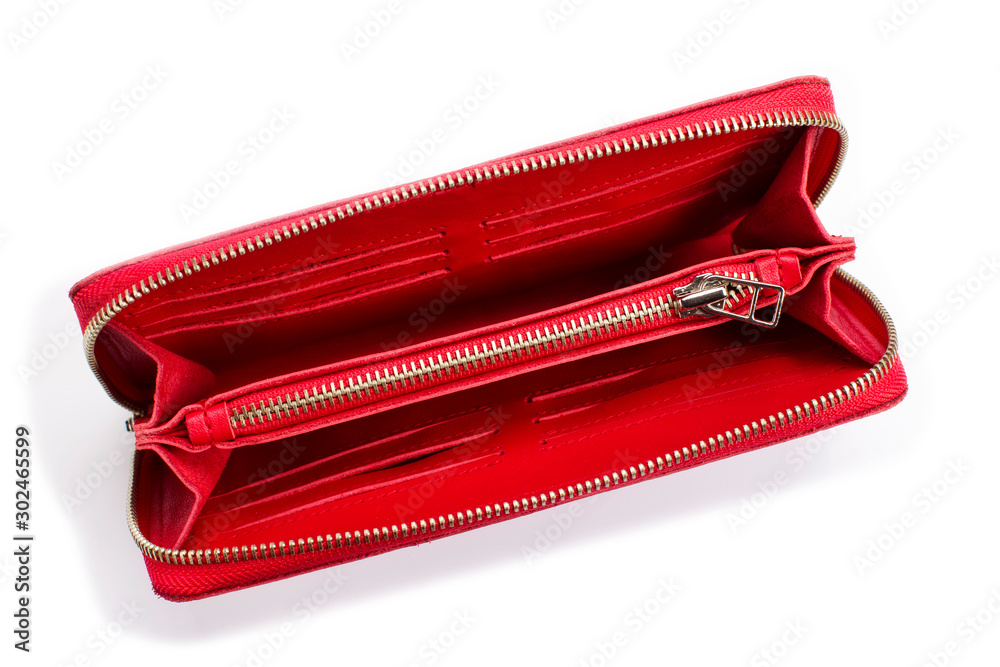 Open red leather wallet on a white background Open red leather wallet on a white background