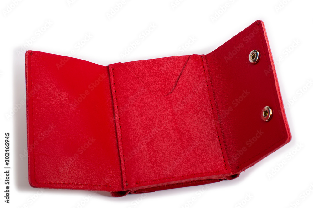 Open red leather wallet on a white background Open red leather wallet on a white background