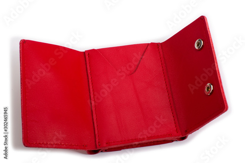 Open red leather wallet on a white background
