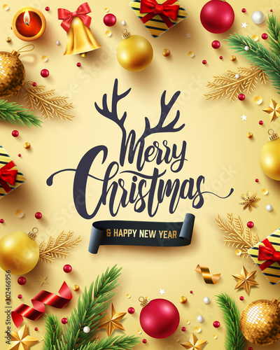 Merry Christmas and Happy New Years Golden Poster with golden gift box,ribbon and christmas decoration elements for Retail,Shopping or Christmas Promotion in golden style.Vector illustration EPS 10