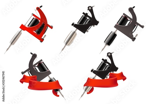 Tattoo machine set, vector realistic isolated illustration