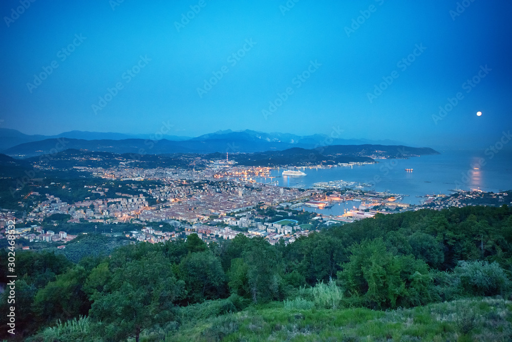 Elevated view to the La Spezia Gulf at dusk Elevated view to the La Spezia Gulf at dusk