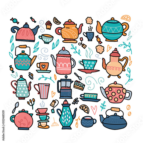 Color set of hand-drawn warming beverages and kettles in Scandinavian style on a white background. For the menu design, flyers, etc. Vector cartoon outline illustration.