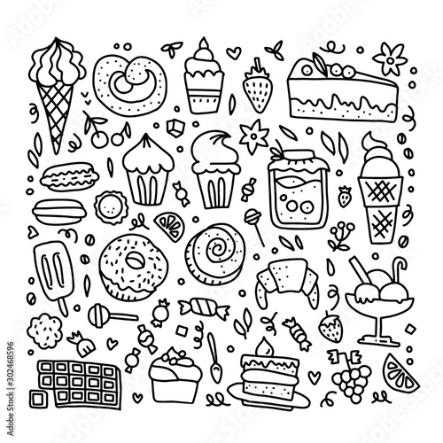 Vector illustration of sweeties in outlines. Cake, macaroons, croissant, donuts, ice cream. Tasty illustration. Coloring page. Illustration for coloring book.