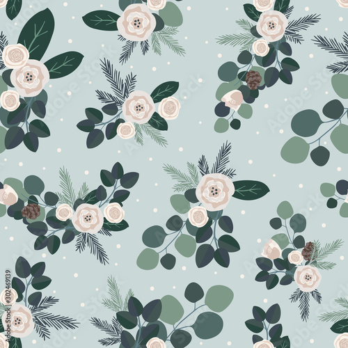 Seamless pattern design for fabric, textile, wallpaper stationery, surface design decoration. Christmas tileable pattern inspired by traditional farmhouse christmas in scandinavian style