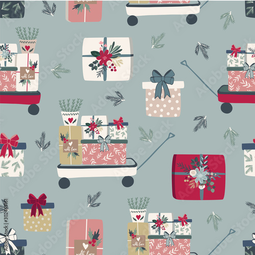 Seamless pattern design for fabric, textile, wallpaper stationery, surface design decoration. Christmas tileable pattern inspired by traditional farmhouse christmas in scandinavian style