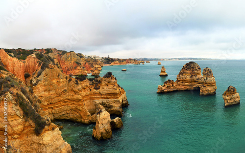 Rocky beach in Lagos - Portugal on a cloudy day 31.Oct.2019