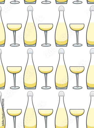 Bottle and glass of champagne seamless pattern