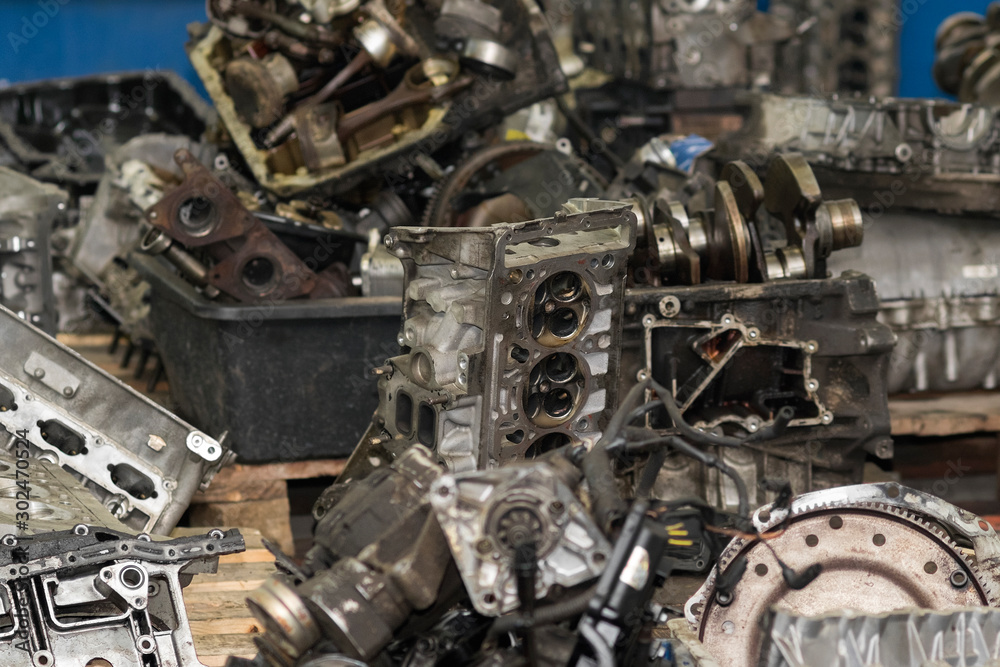 Stack of used car engines