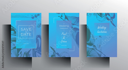 Design wedding invitation card set. Hand-drawn graphic elements on a sky blue background. Vector 10 EPS.