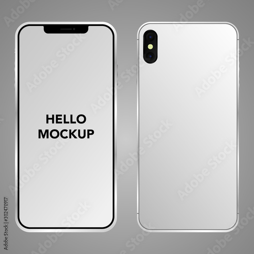 Mobile Smartphone vector illustration. Original design mockup screen, realistic detailed 3d model surface of isolated phone template. Object  for web, iot. Front and Back, homescreen and locksreen photo