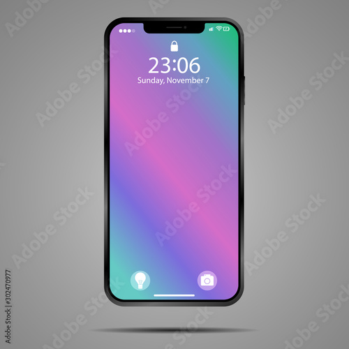 Mobile Smartphone vector illustration. Original design mockup screen, realistic detailed 3d model surface of isolated phone template. Object  for web, iot. Front and Back, homescreen and locksreen
