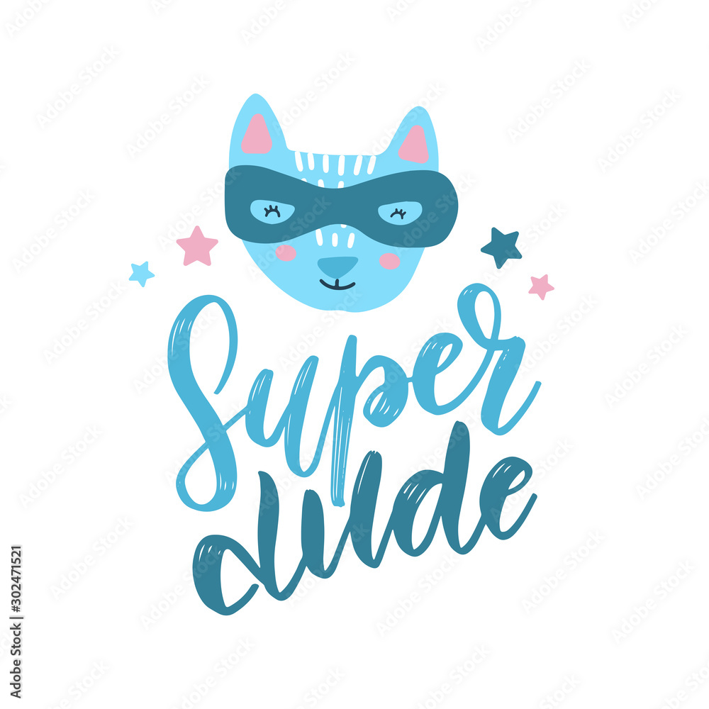 Funny cat superhero in mask. Kids hand drawn print with text Super dude. Vector hand drawn flat illustration. Funny cat superhero in mask. Kids hand drawn print with text Super dude. Vector hand drawn flat illustration.