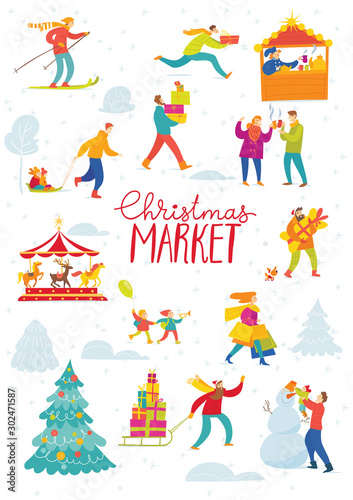 Vector Christmas winter market design for holiday with shopping and active people